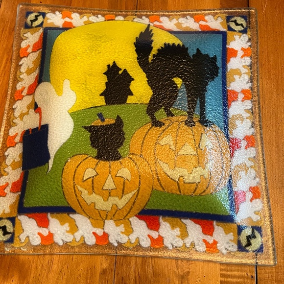 Peggy Karr Glass 12” Square In Halloween Design Serving Platter Handmade - Picture 3 of 7